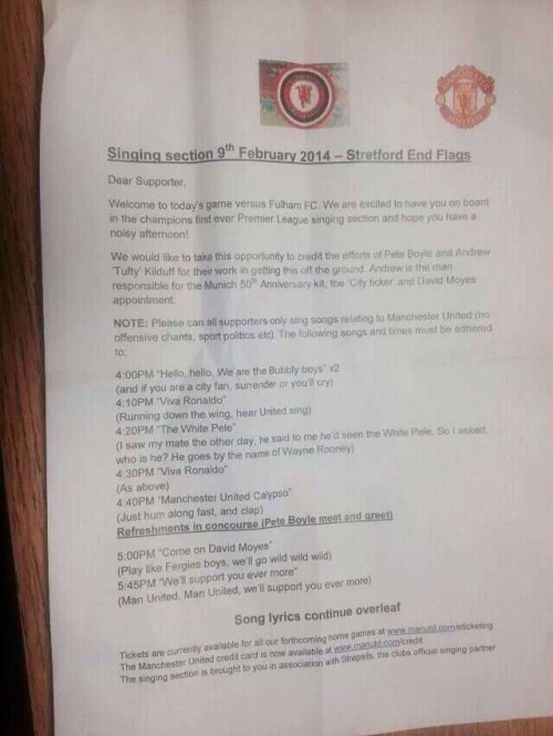 The Man U "Mutual Reassurance" songsheet